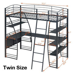 Bellemave® Metal Loft Bed with 4 Layers of Shelves and L - shaped Desk, Desk with a set of Sockets, USB Ports and Wireless Charging - Bellemave