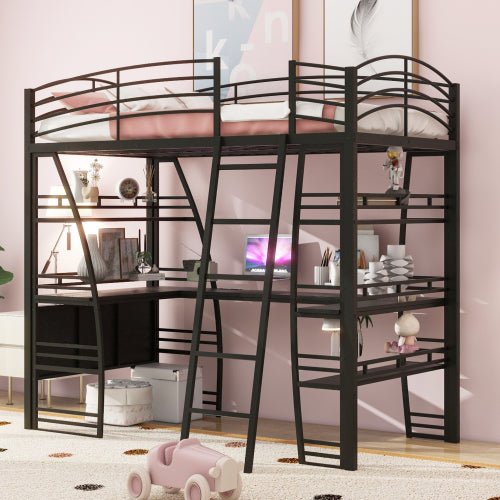 Bellemave® Metal Loft Bed with 4 Layers of Shelves and L - shaped Desk, Desk with a set of Sockets, USB Ports and Wireless Charging - Bellemave