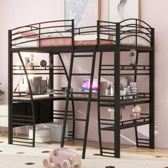 Bellemave® Metal Loft Bed with 4 Layers of Shelves and L - shaped Desk, Desk with a set of Sockets, USB Ports and Wireless Charging - Bellemave