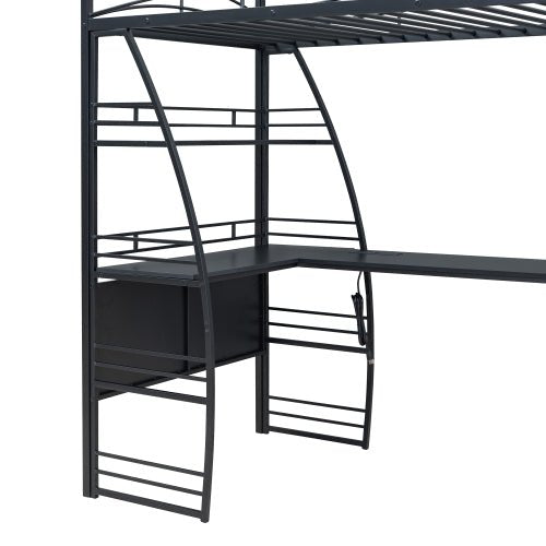 Bellemave® Metal Loft Bed with 4 Layers of Shelves and L - shaped Desk, Desk with a set of Sockets, USB Ports and Wireless Charging - Bellemave