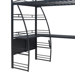 Bellemave® Metal Loft Bed with 4 Layers of Shelves and L - shaped Desk, Desk with a set of Sockets, USB Ports and Wireless Charging - Bellemave