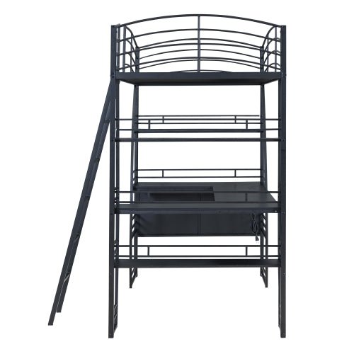 Bellemave® Metal Loft Bed with 4 Layers of Shelves and L - shaped Desk, Desk with a set of Sockets, USB Ports and Wireless Charging - Bellemave