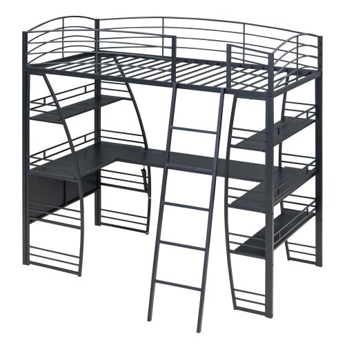 Bellemave® Metal Loft Bed with 4 Layers of Shelves and L - shaped Desk, Desk with a set of Sockets, USB Ports and Wireless Charging - Bellemave