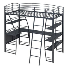Bellemave® Metal Loft Bed with 4 Layers of Shelves and L - shaped Desk, Desk with a set of Sockets, USB Ports and Wireless Charging - Bellemave