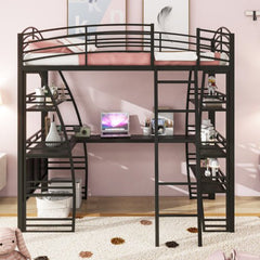 Bellemave® Metal Loft Bed with 4 Layers of Shelves and L - shaped Desk, Desk with a set of Sockets, USB Ports and Wireless Charging - Bellemave