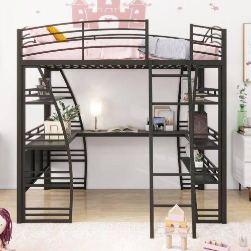 Bellemave® Metal Loft Bed with 4 Layers of Shelves and L - shaped Desk, Desk with a set of Sockets, USB Ports and Wireless Charging - Bellemave
