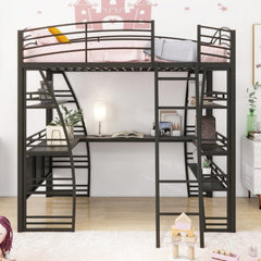 Bellemave® Metal Loft Bed with 4 Layers of Shelves and L - shaped Desk, Desk with a set of Sockets, USB Ports and Wireless Charging - Bellemave