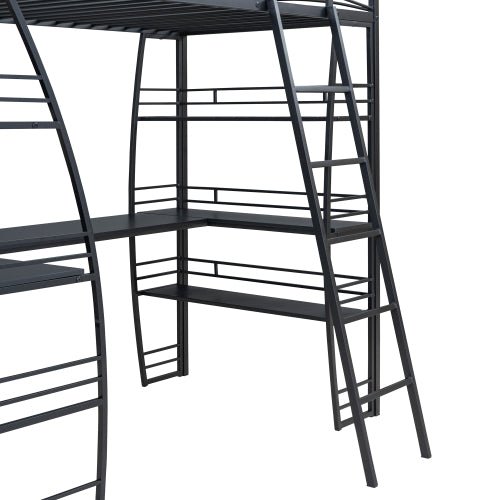Bellemave® Metal Loft Bed with 4 Layers of Shelves and L - shaped Desk, Desk with a set of Sockets, USB Ports and Wireless Charging - Bellemave