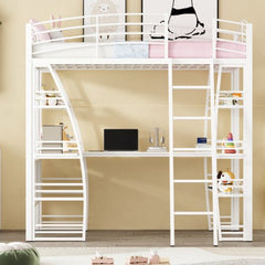 Bellemave® Metal Loft Bed with 4 Layers of Shelves and L - shaped Desk, Desk with a set of Sockets, USB Ports and Wireless Charging - Bellemave