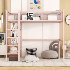 Bellemave® Metal Loft Bed with 4 - Tier Shelves and Storage - Bellemave