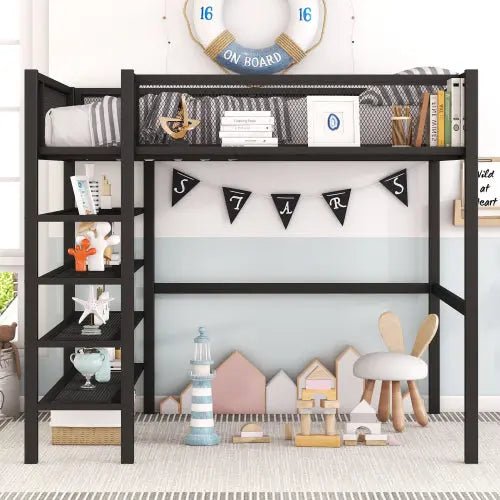Bellemave® Metal Loft Bed with 4 - Tier Shelves and Storage - Bellemave