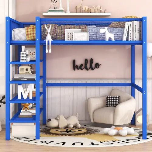 Bellemave® Metal Loft Bed with 4 - Tier Shelves and Storage - Bellemave