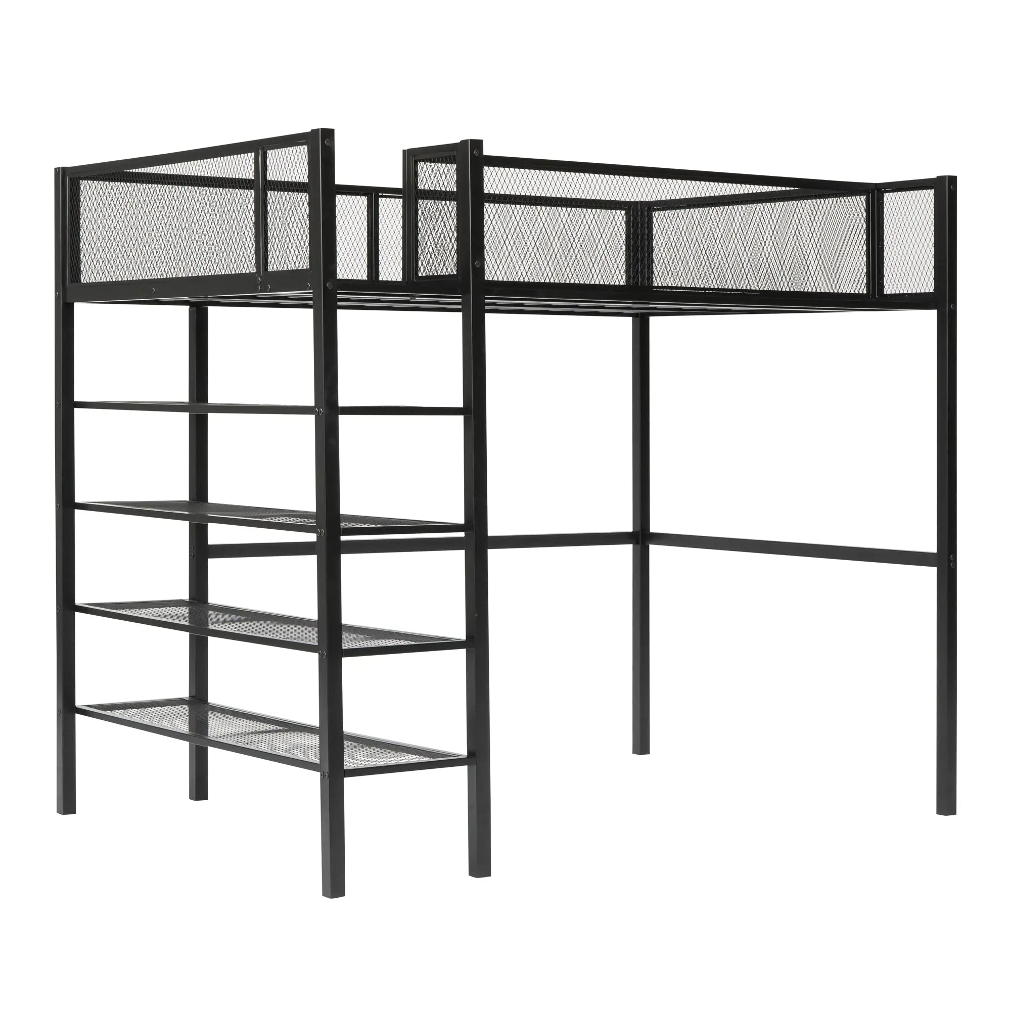 Bellemave® Metal Loft Bed with 4 - Tier Shelves and Storage - Bellemave