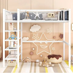 Bellemave® Metal Loft Bed with 4 - Tier Shelves and Storage - Bellemave
