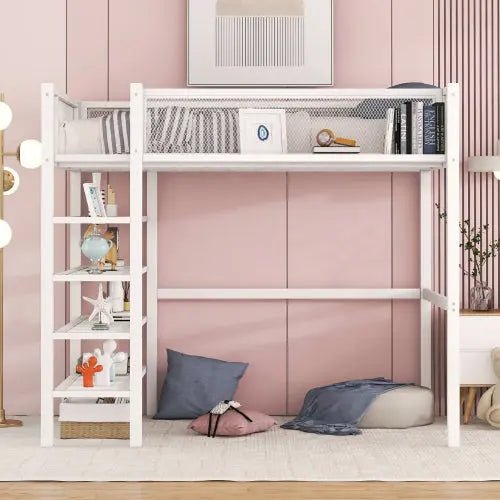 Bellemave® Metal Loft Bed with 4 - Tier Shelves and Storage - Bellemave