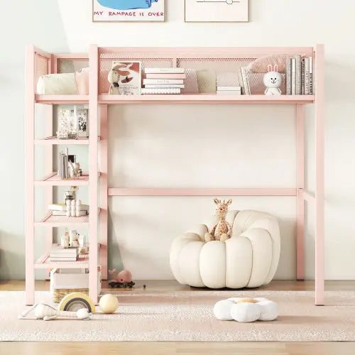 Bellemave® Metal Loft Bed with 4 - Tier Shelves and Storage - Bellemave