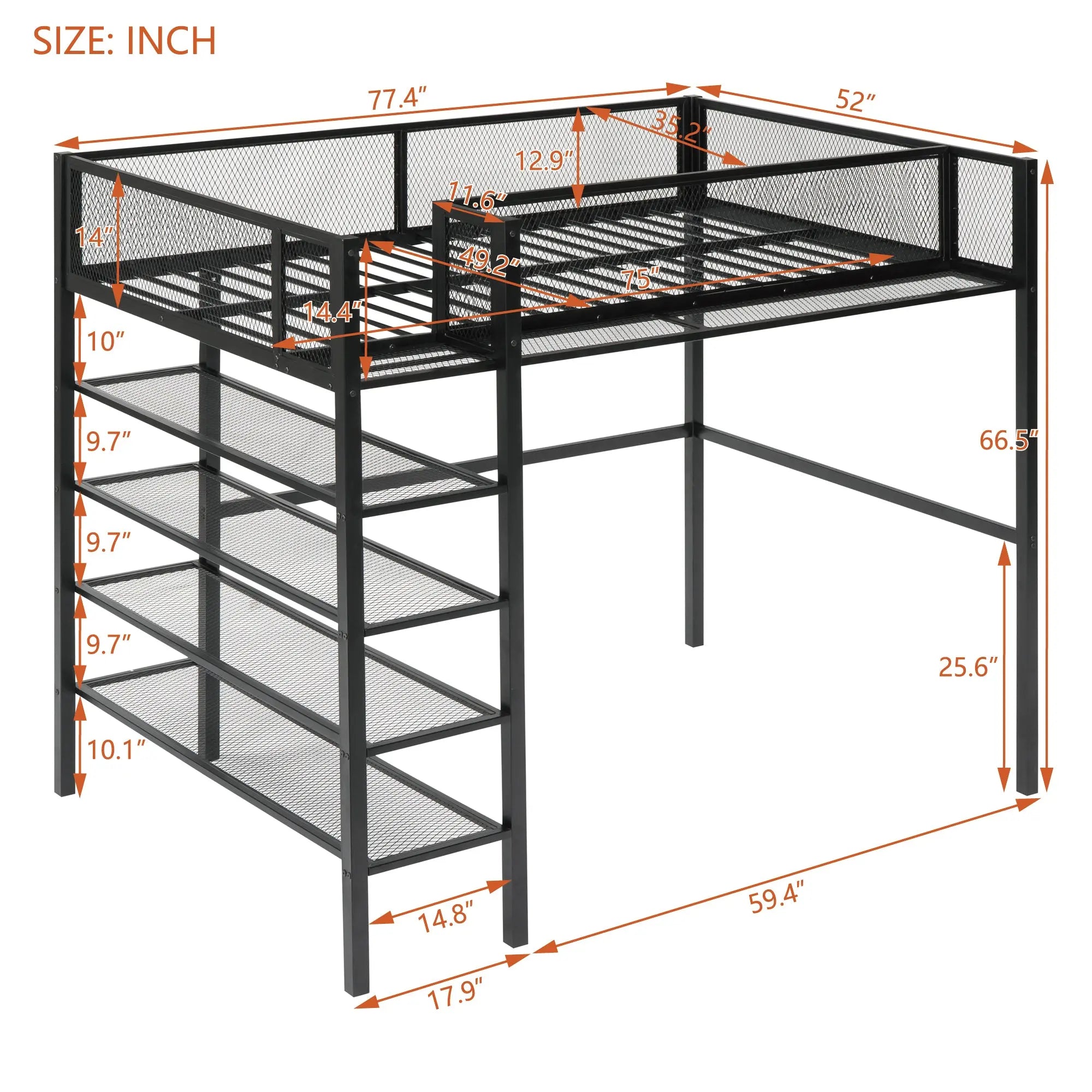 Bellemave® Metal Loft Bed with 4 - Tier Shelves and Storage - Bellemave