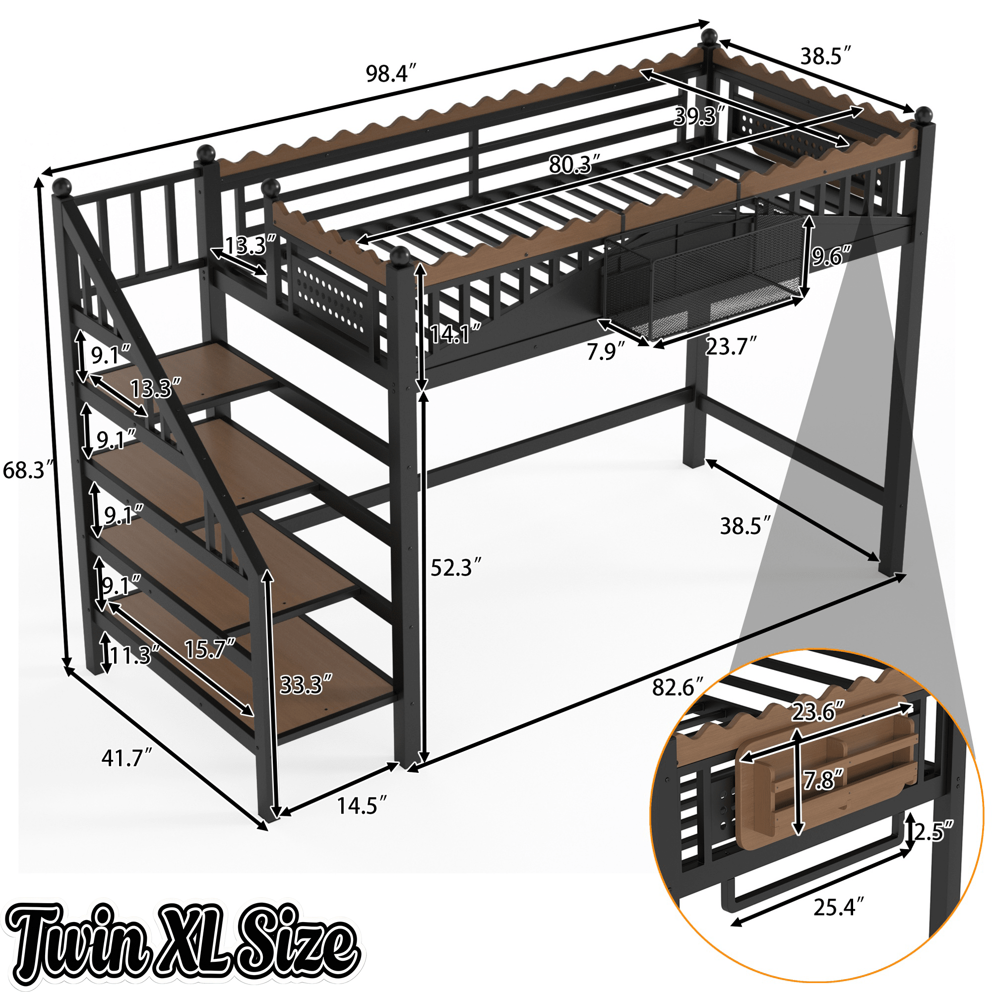 Bellemave® Metal Loft Bed with Bookshelf and Storage Stairs for Kids, Teens, Black - Bellemave