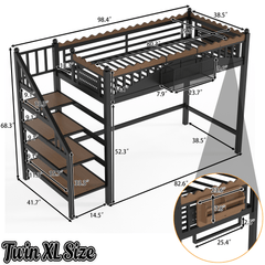 Bellemave® Metal Loft Bed with Bookshelf and Storage Stairs for Kids, Teens, Black - Bellemave