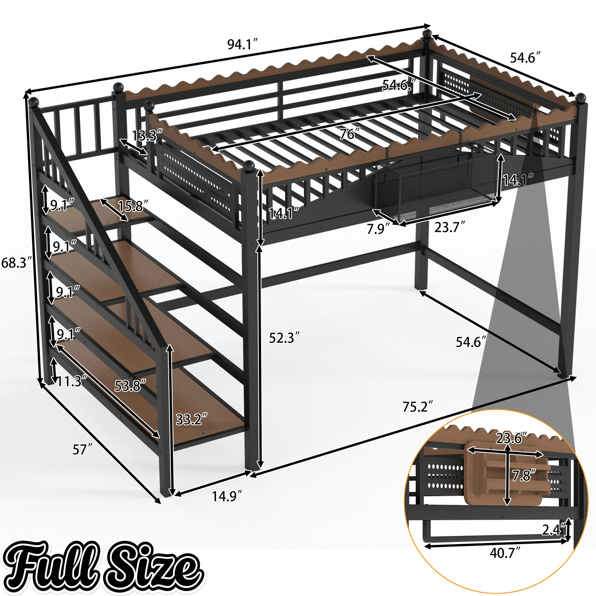Bellemave® Metal Loft Bed with Bookshelf and Storage Stairs for Kids, Teens, Black - Bellemave