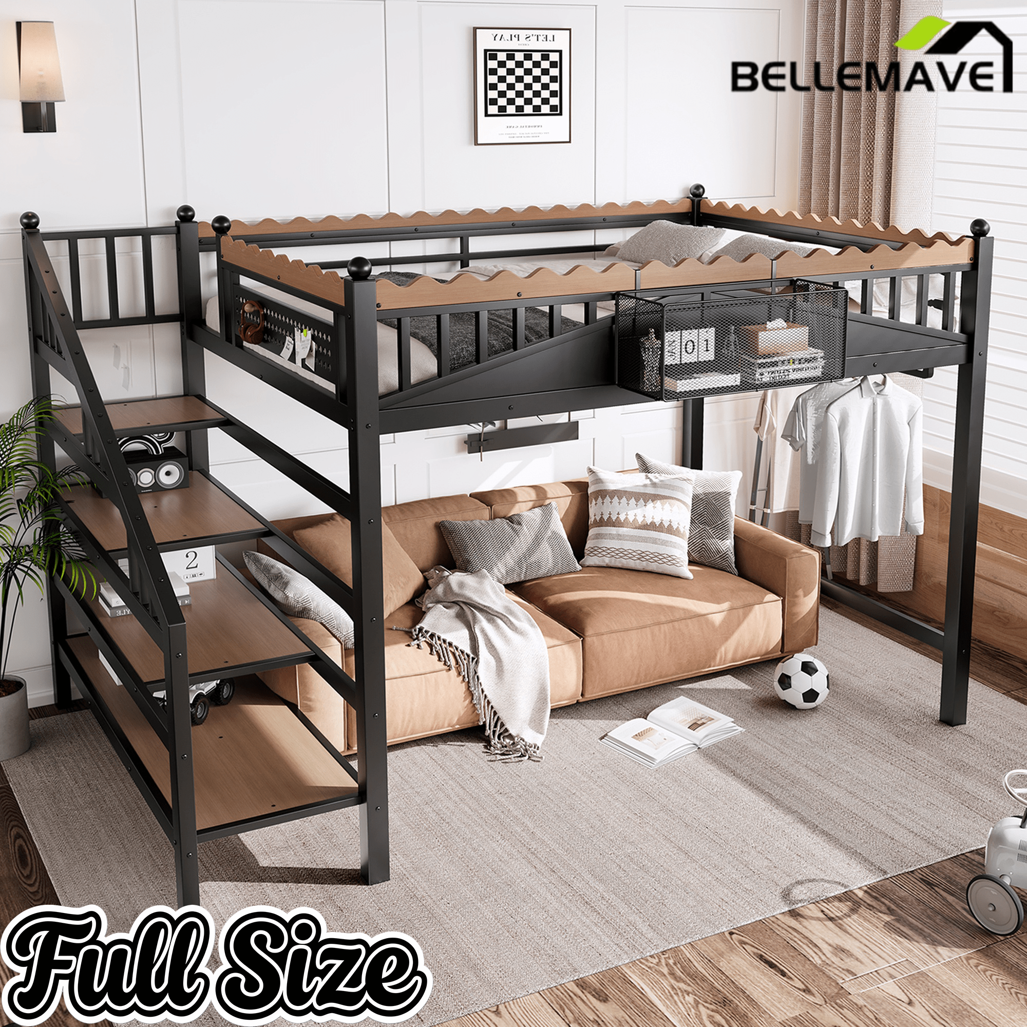 Bellemave® Metal Loft Bed with Bookshelf and Storage Stairs for Kids, Teens, Black - Bellemave