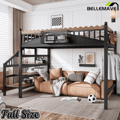 Bellemave® Metal Loft Bed with Bookshelf and Storage Stairs for Kids, Teens, Black - Bellemave