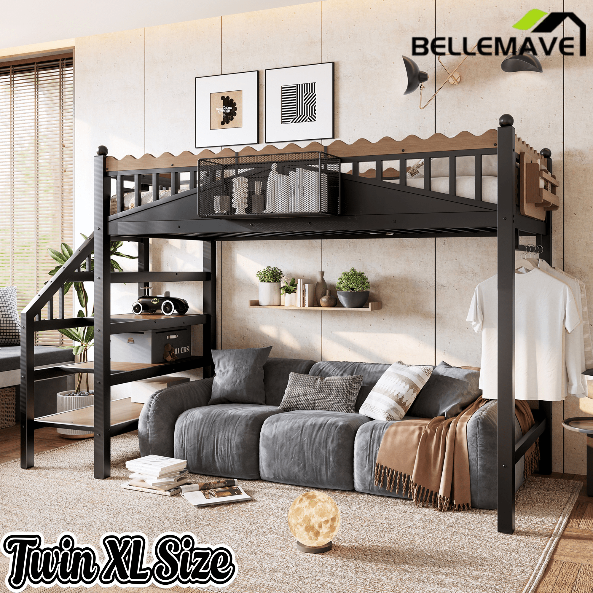 Bellemave® Metal Loft Bed with Bookshelf and Storage Stairs for Kids, Teens, Black - Bellemave