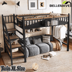 Bellemave® Metal Loft Bed with Bookshelf and Storage Stairs for Kids, Teens, Black - Bellemave
