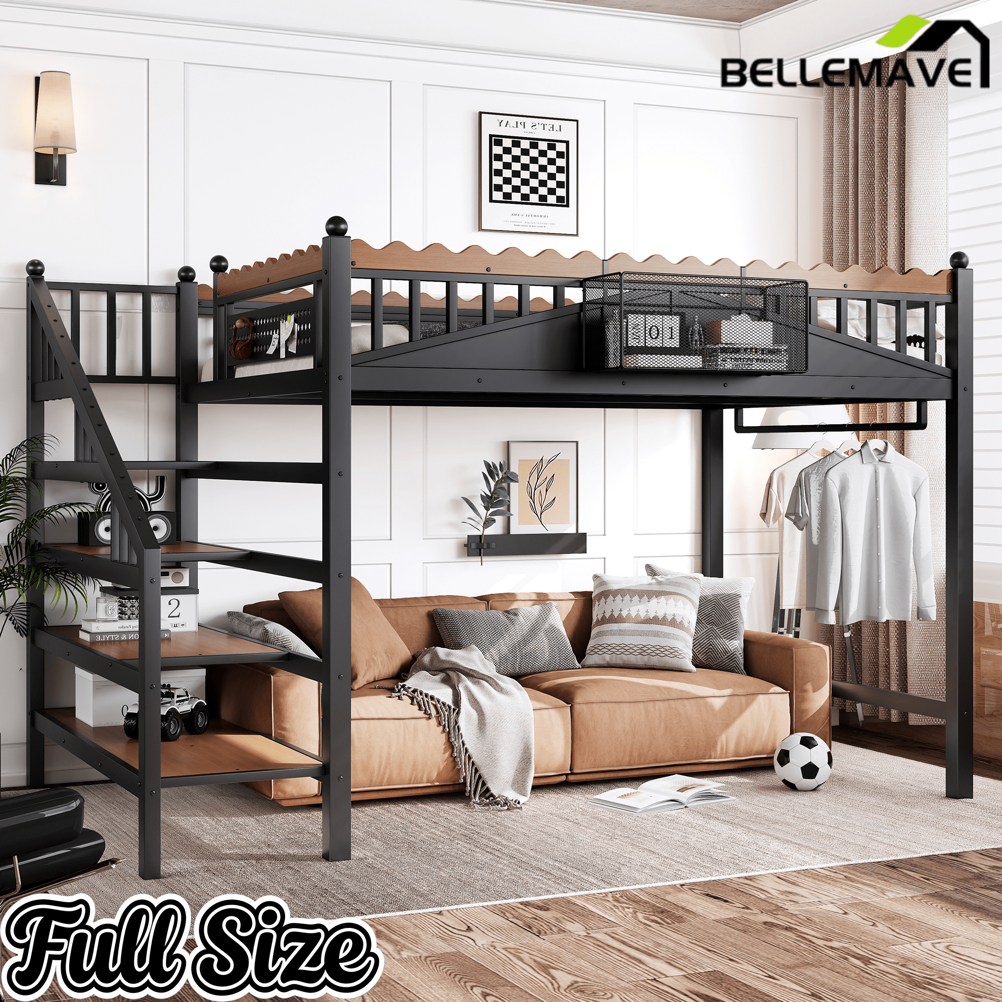 Bellemave® Metal Loft Bed with Bookshelf and Storage Stairs for Kids, Teens, Black - Bellemave
