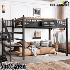 Bellemave® Metal Loft Bed with Bookshelf and Storage Stairs for Kids, Teens, Black - Bellemave