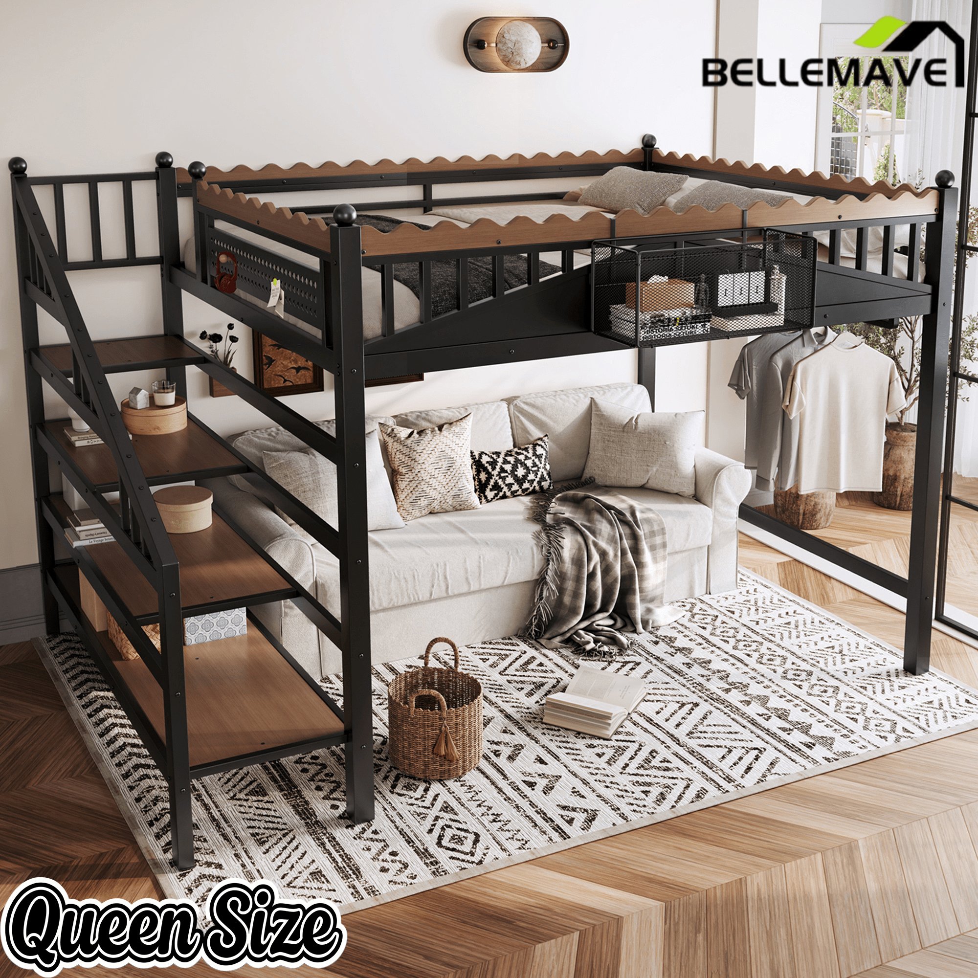 Bellemave® Metal Loft Bed with Bookshelf and Storage Stairs for Kids, Teens, Black - Bellemave