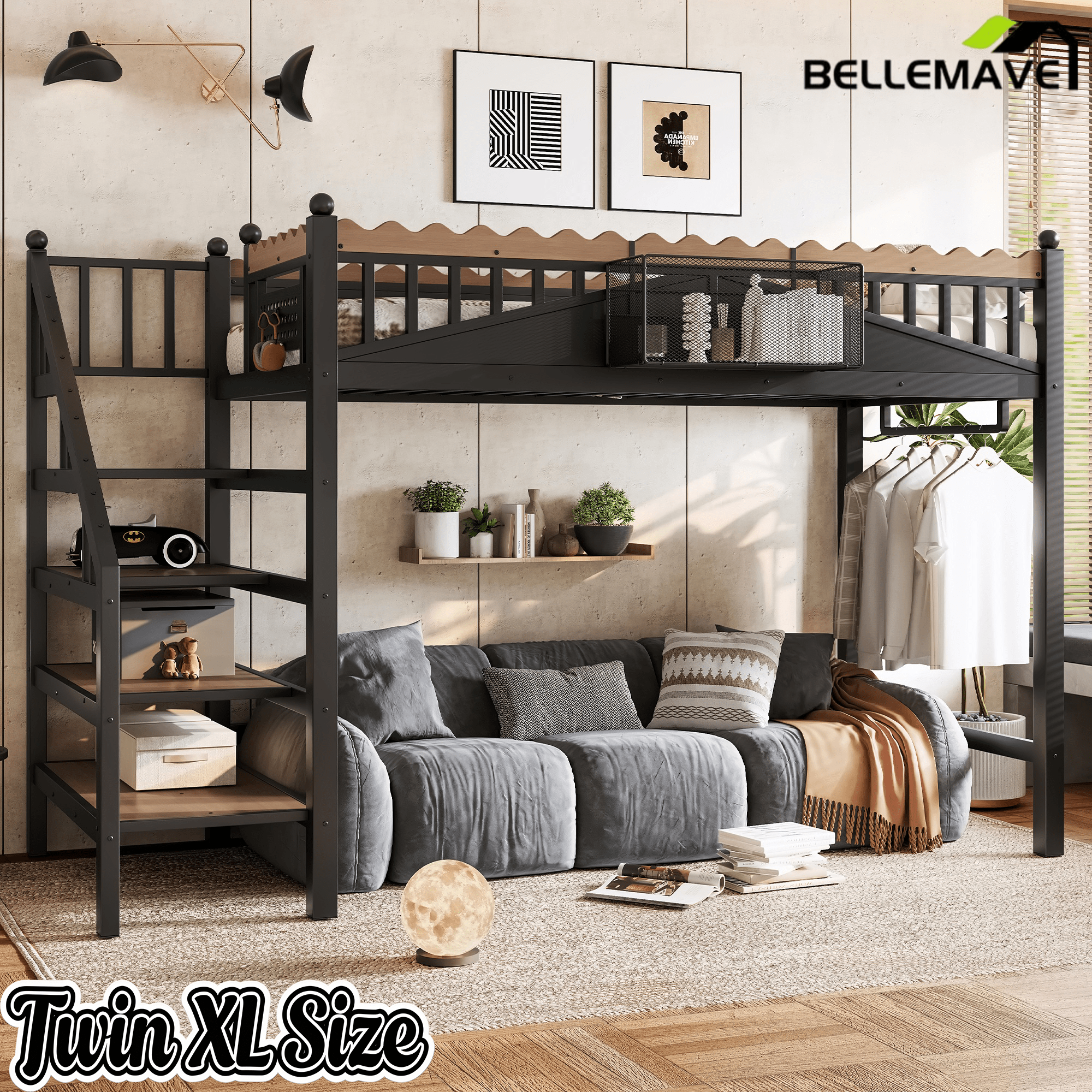 Bellemave® Metal Loft Bed with Bookshelf and Storage Stairs for Kids, Teens, Black - Bellemave