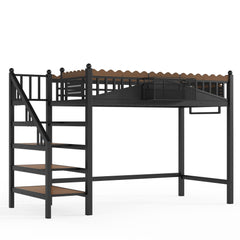 Bellemave® Metal Loft Bed with Bookshelf and Storage Stairs for Kids, Teens, Black - Bellemave