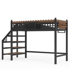 Bellemave® Metal Loft Bed with Bookshelf and Storage Stairs for Kids, Teens, Black - Bellemave