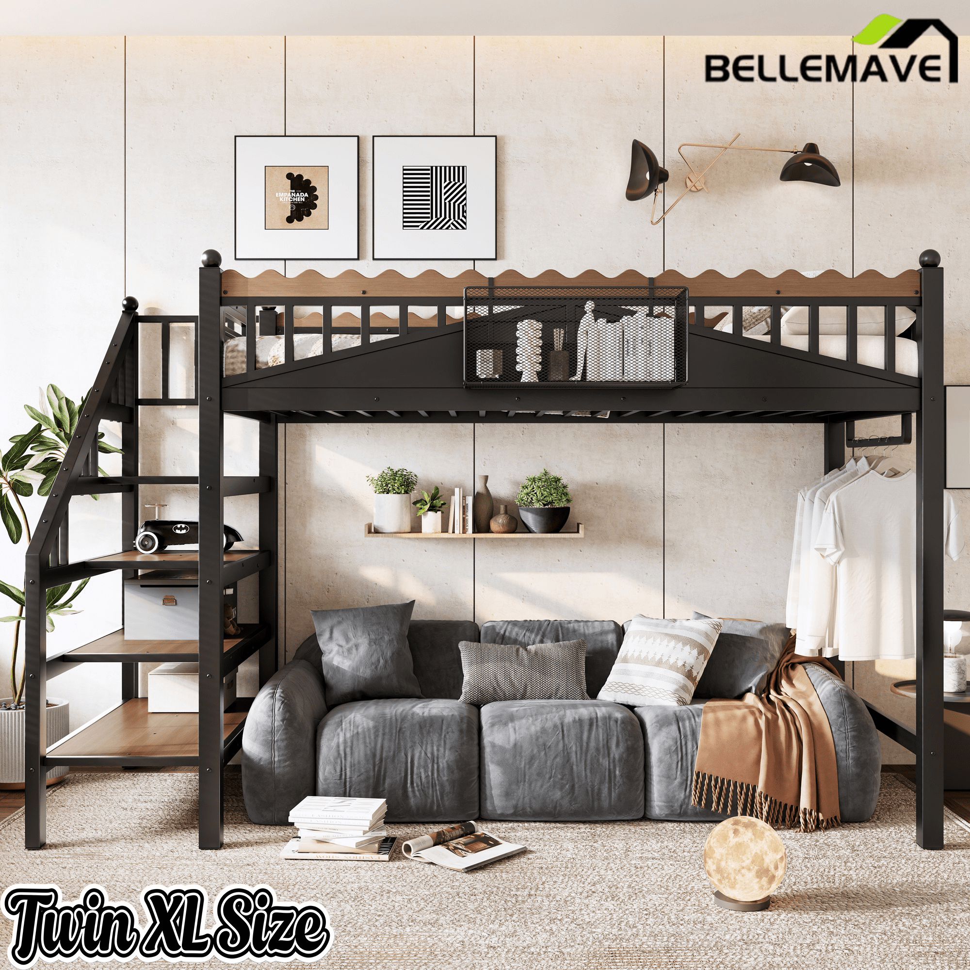 Bellemave® Metal Loft Bed with Bookshelf and Storage Stairs for Kids, Teens, Black - Bellemave