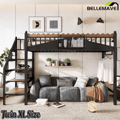 Bellemave® Metal Loft Bed with Bookshelf and Storage Stairs for Kids, Teens, Black - Bellemave