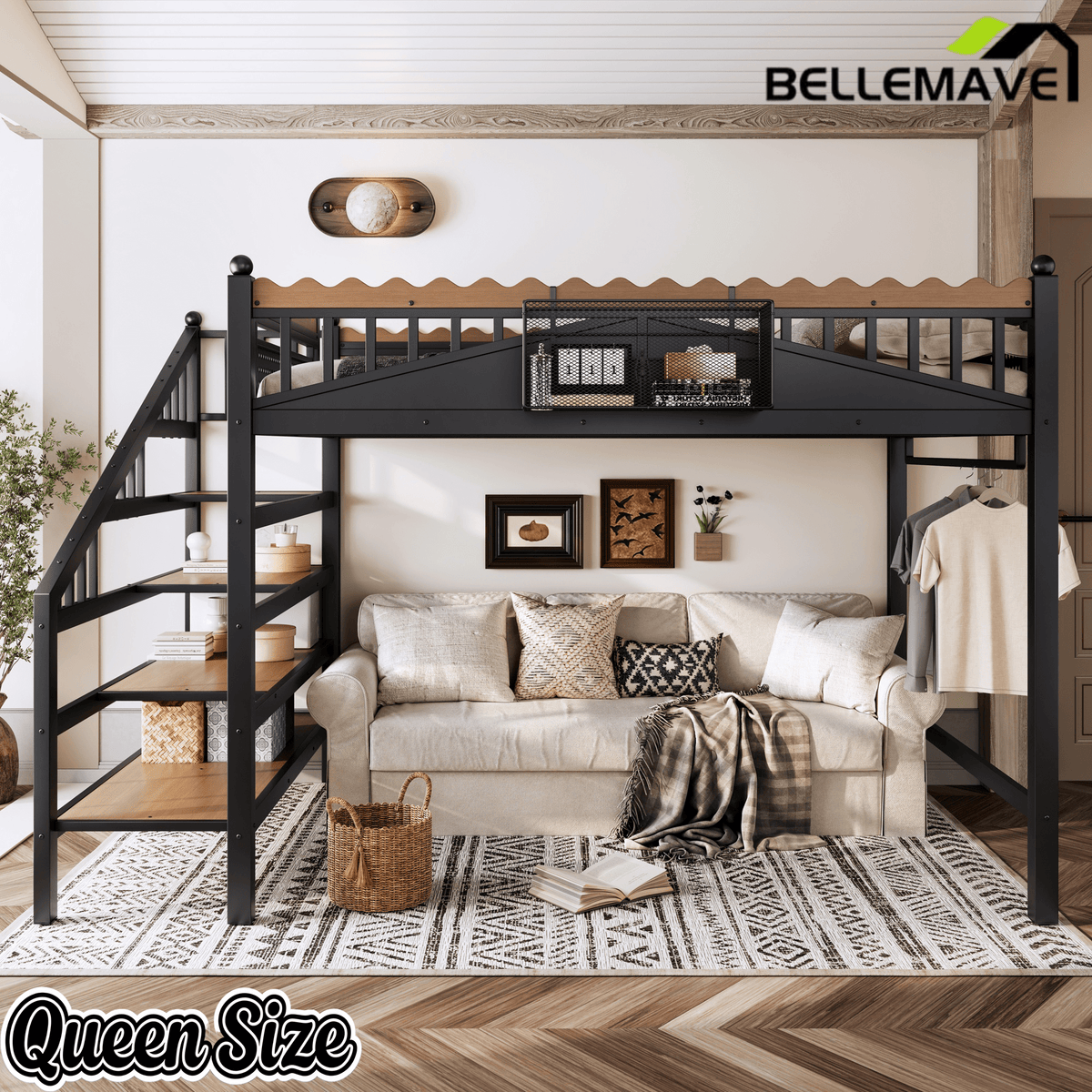Bellemave® Metal Loft Bed with Bookshelf and Storage Stairs for Kids, Teens, Black - Bellemave