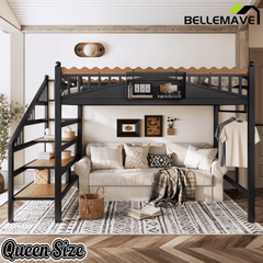 Bellemave® Metal Loft Bed with Bookshelf and Storage Stairs for Kids, Teens, Black - Bellemave