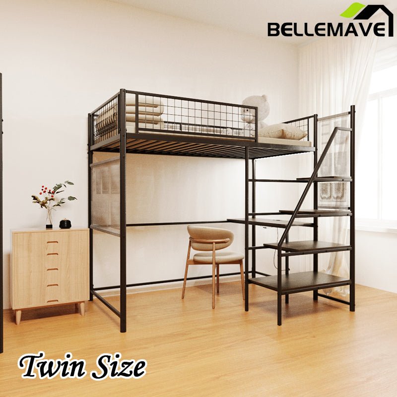 Bellemave® Metal Loft Bed with Built - In Charging Station and LED Lighting - Bellemave