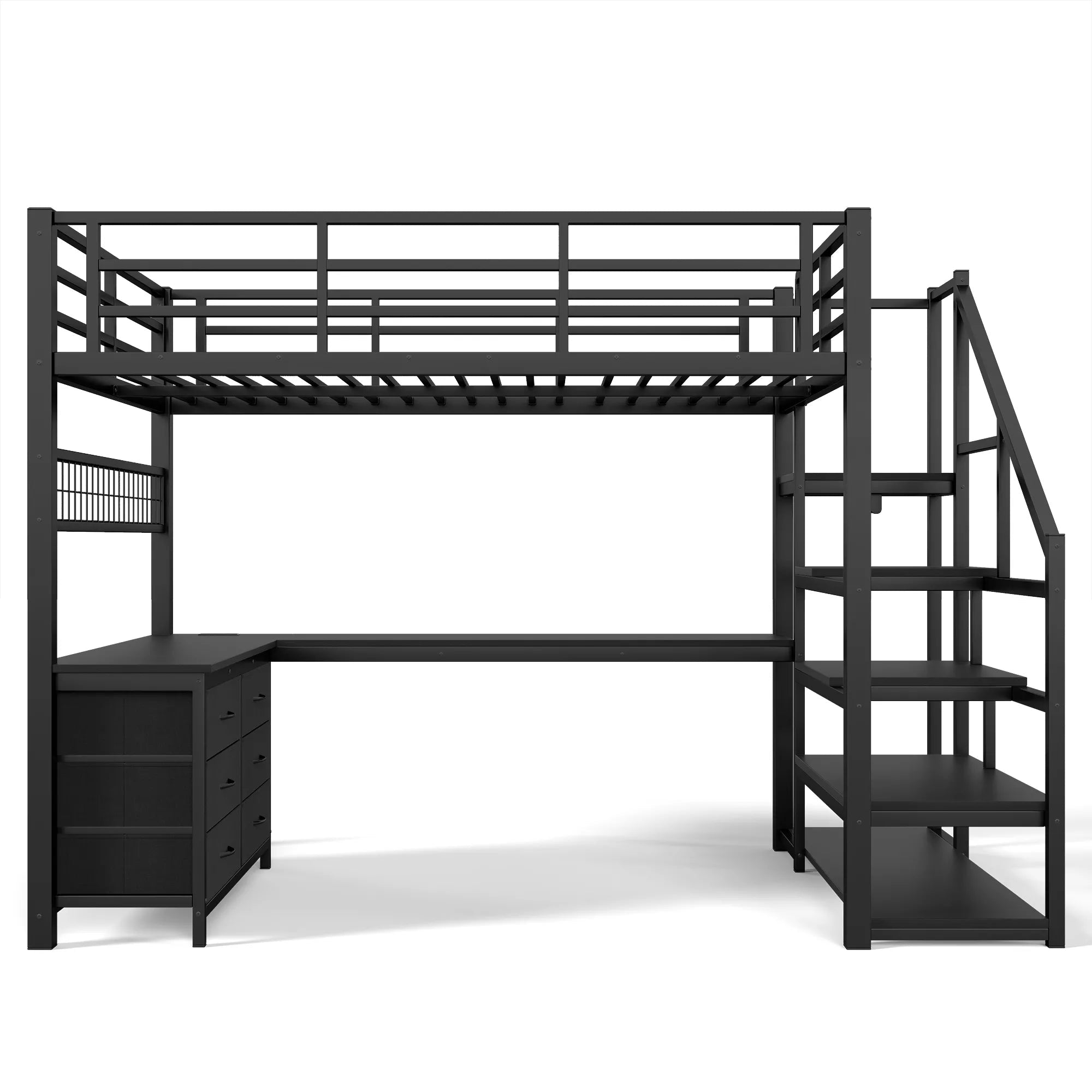 Front view of the black loft bed with a desk beneath the upper sleeping platform