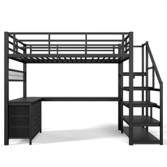 Front view of the black loft bed with a desk beneath the upper sleeping platform