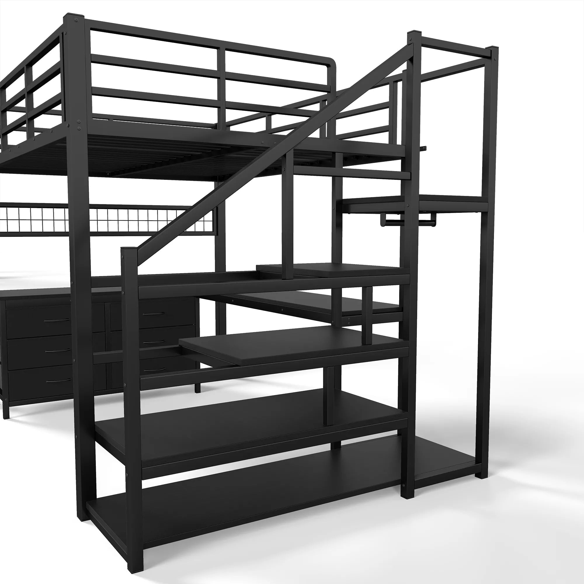 Side view of the black metal loft bed with upper guardrails and storage stairs