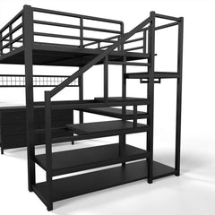 Side view of the black metal loft bed with upper guardrails and storage stairs