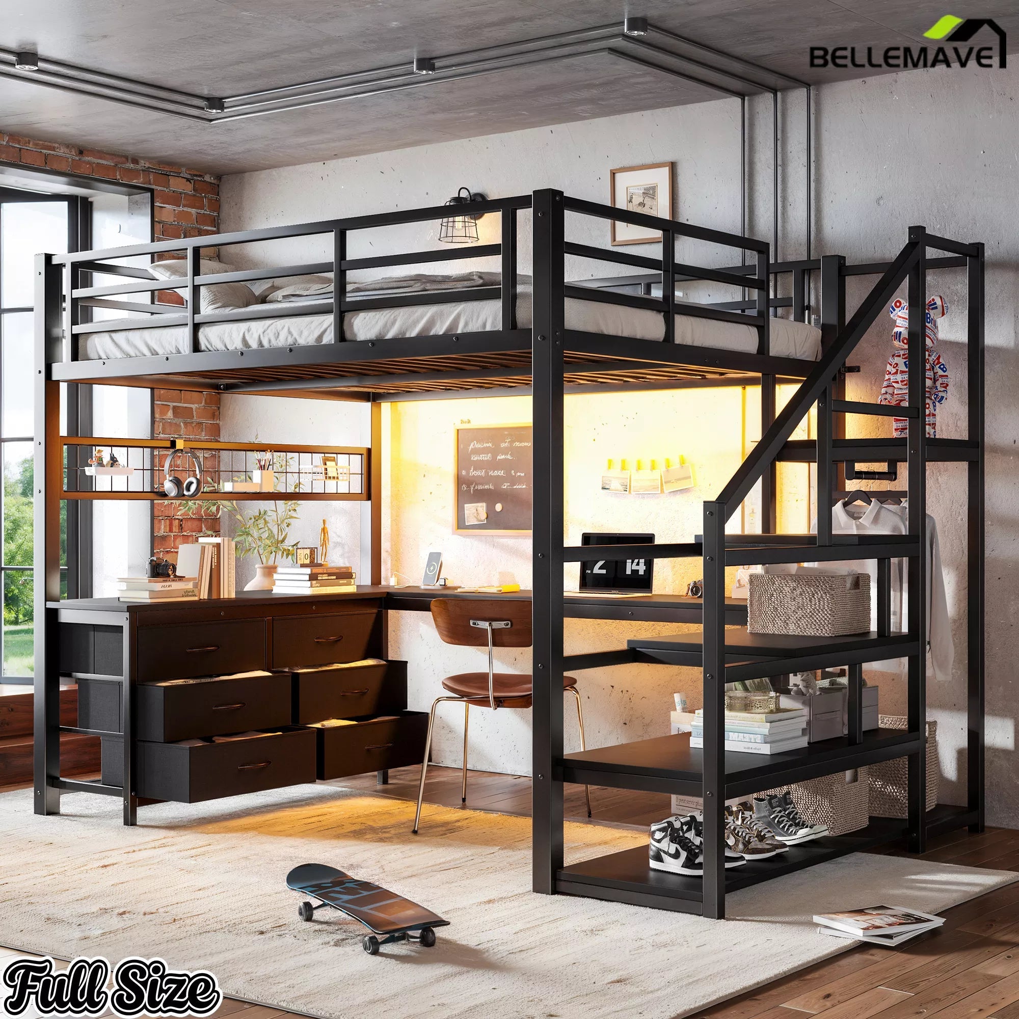 Angled view of the black full-size loft bed with desk and fabric drawer storage