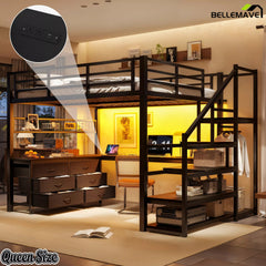 Angled lifestyle view of the queen-size black loft bed with workstation and stair shelving