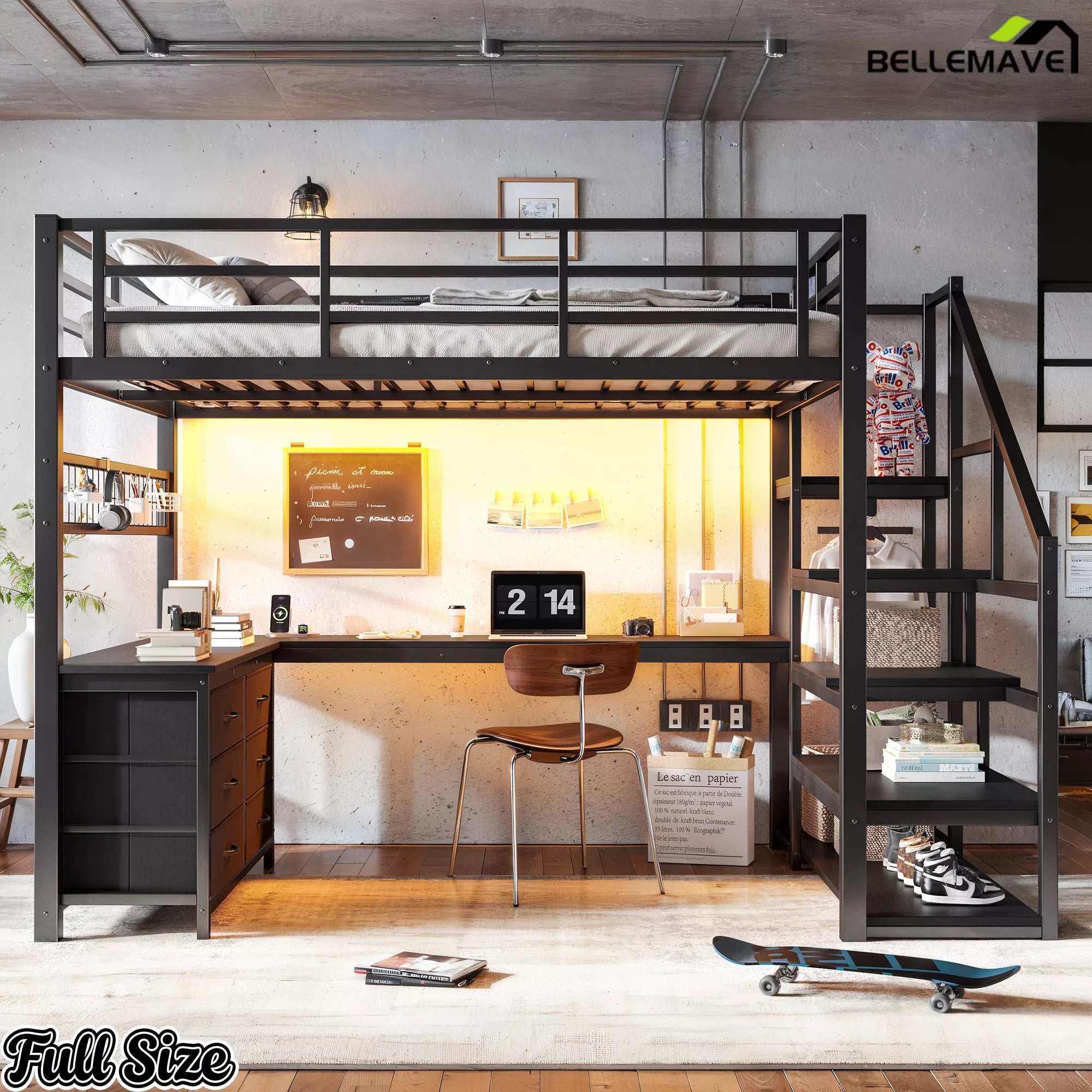 Front view of the full-size black loft bed with desk and open stair shelving
