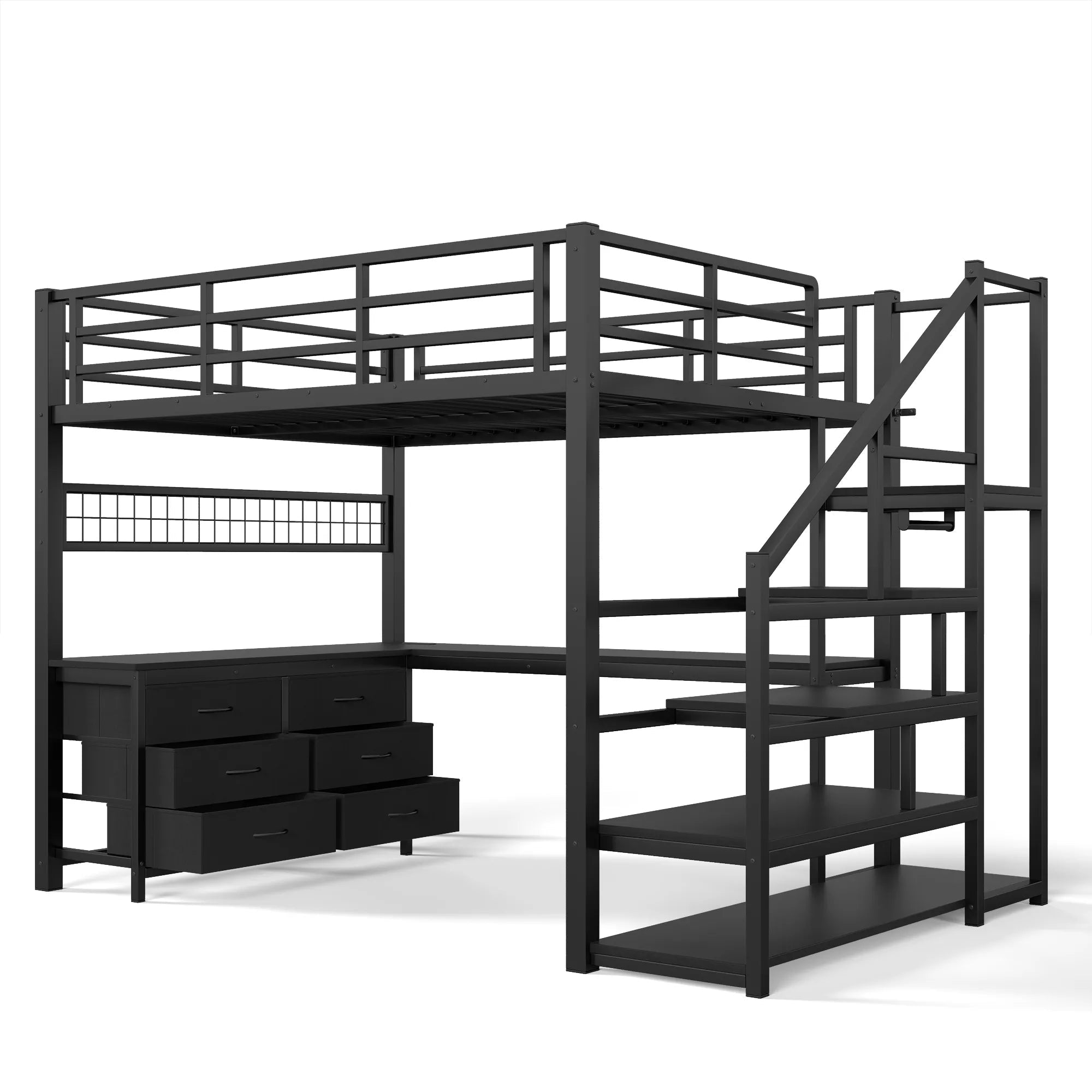 Angled view of the black loft bed with desk, drawers and storage stairs