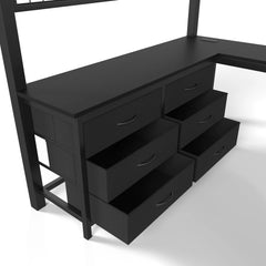 Close-up of the loft bed's pull-out fabric storage drawers