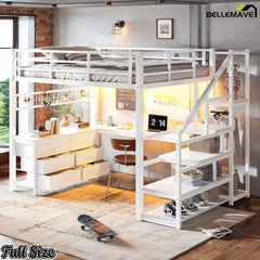 Angled view of the white loft bed with built-in desk and drawers