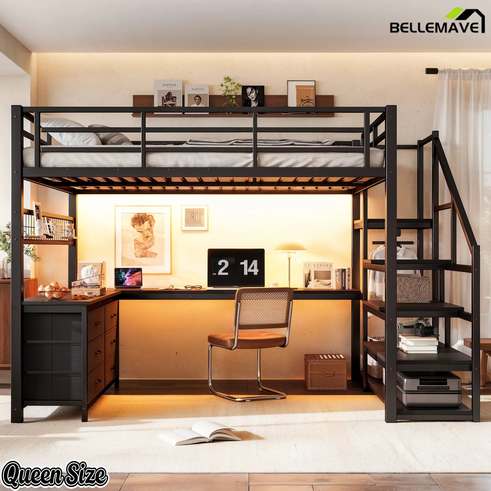 Front view of the queen-size black loft bed with a desk beneath the upper platform